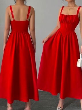 Red Sleeveless Midi Dress with Shirred Bodice